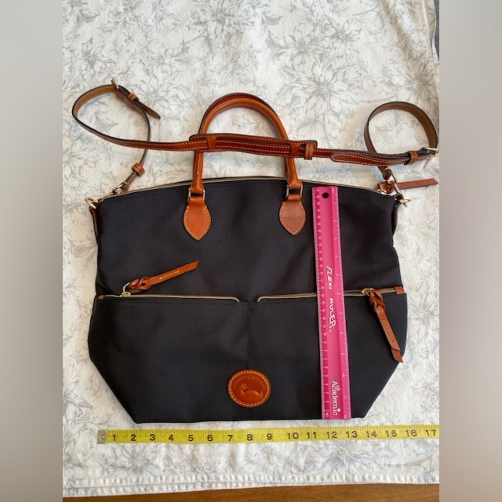 Dooney & Bourke purse/tote, black woven, brown leather straps/accent, 12”x16”x6”